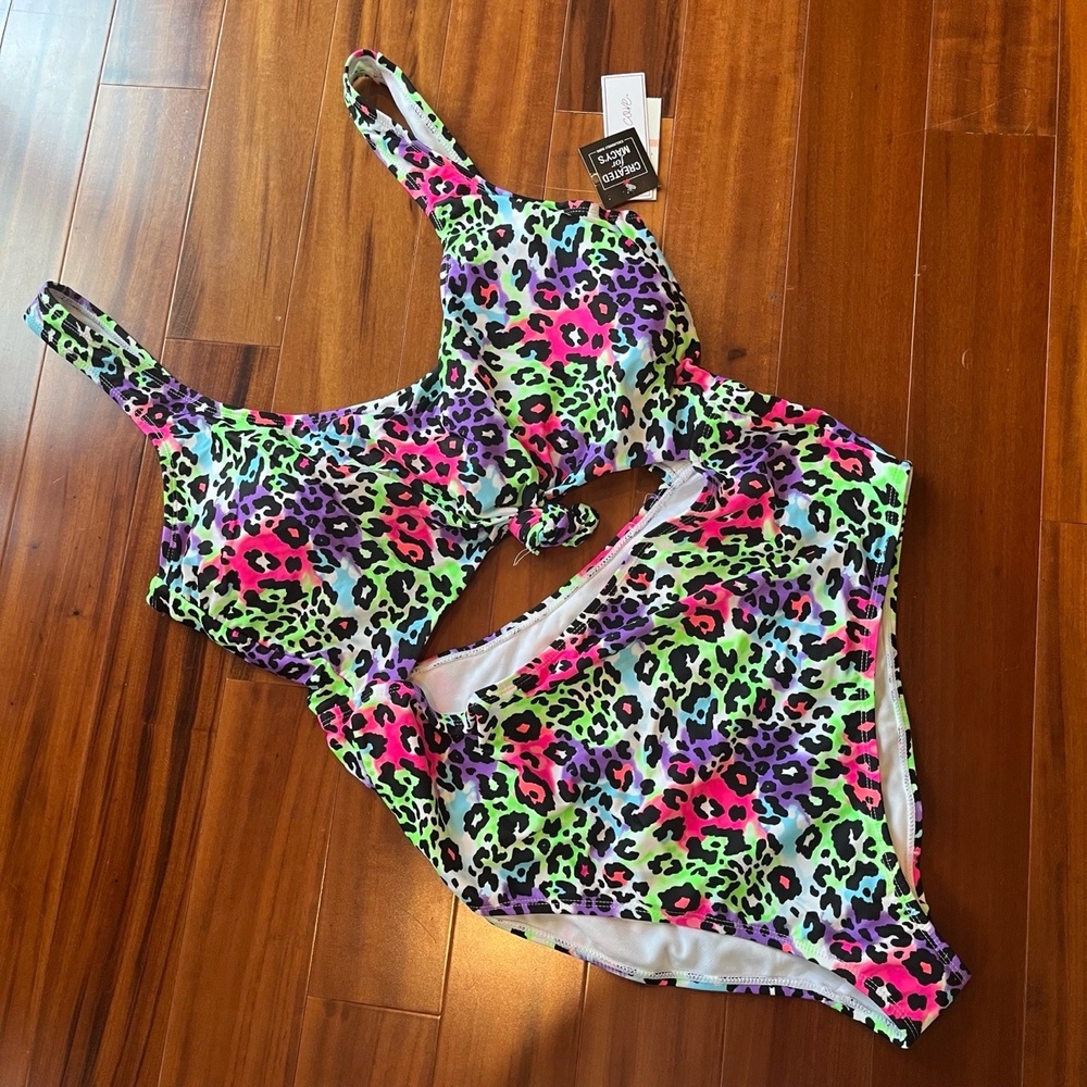 New NWT Salt + Cove Neon Swimsuit Cutout Animal Print Leopard One-Piece Size 2